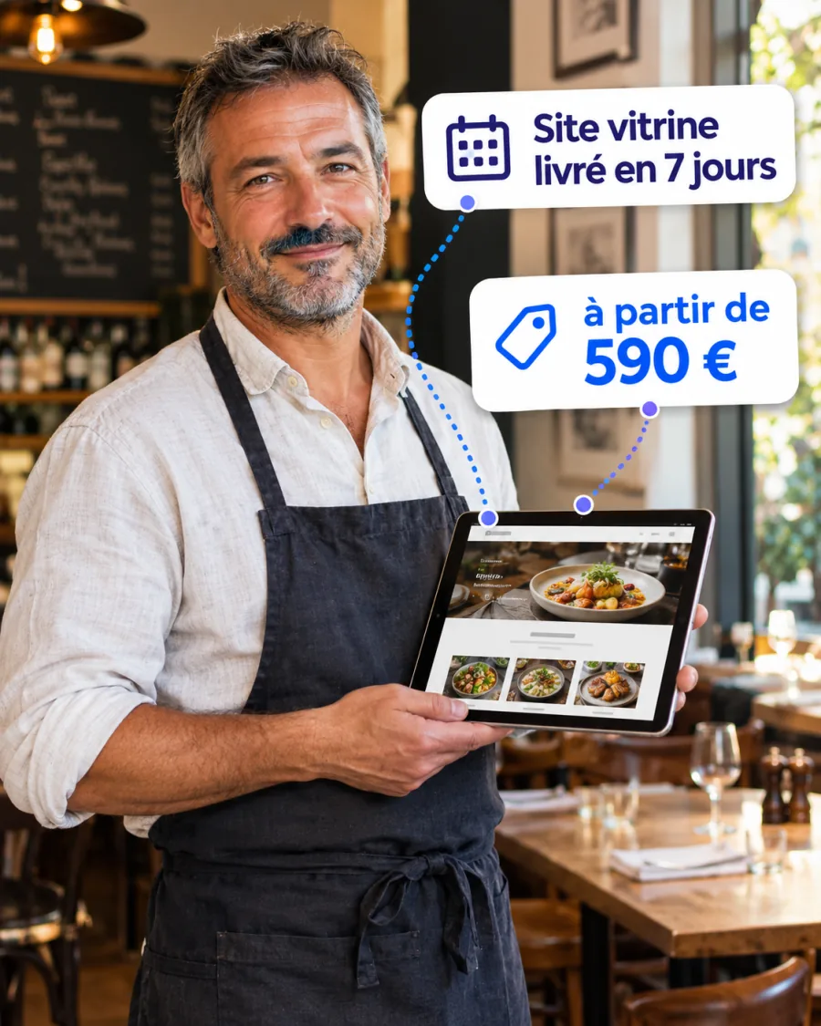 Un restaurateur souriant présente le site web de son restaurant sur sa tablette. Site vitrine livré en 7 jours, à partir de 590 €.