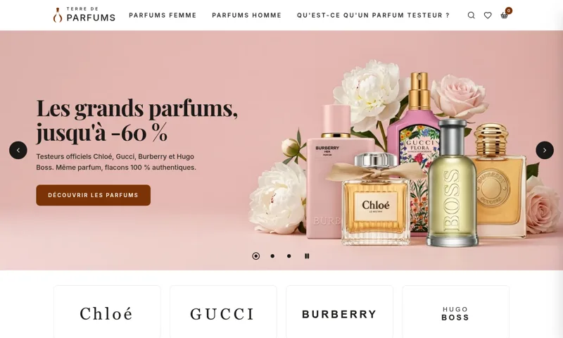 Page d'accueil de la boutique en ligne de parfums testeurs Terre de Parfums