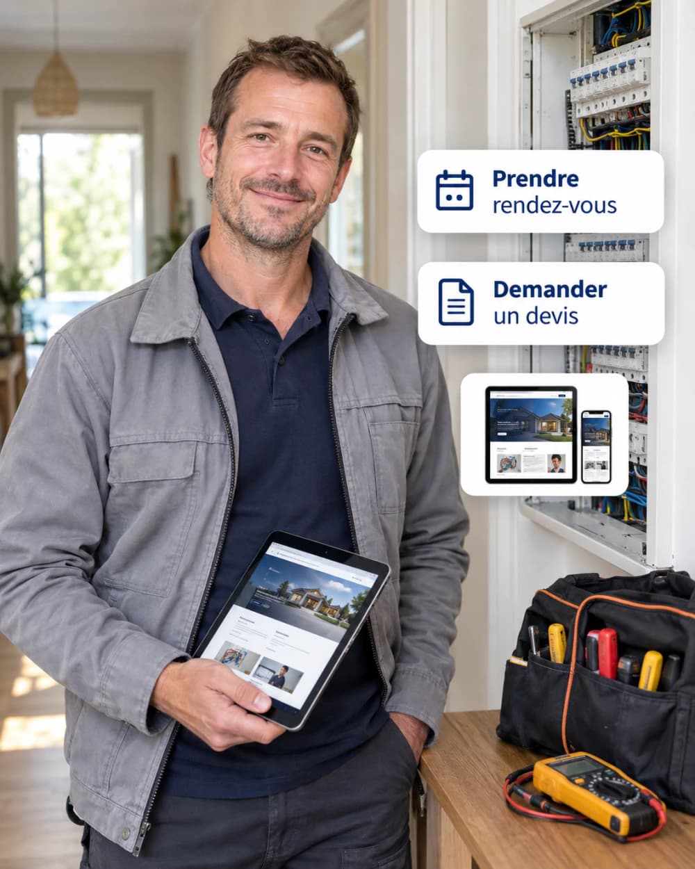 Un électricien souriant devant un tableau électrique ouvert, une tablette en main affichant le site de son entreprise, avec des cartes : prendre rendez-vous, demander un devis et un aperçu de site web