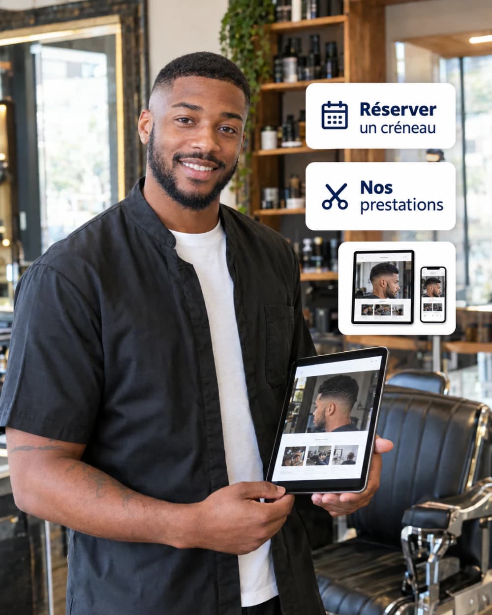 Un barbier souriant dans son salon, une tablette en main affichant le site de son salon, avec des cartes : réserver un créneau, nos prestations et un aperçu de site web