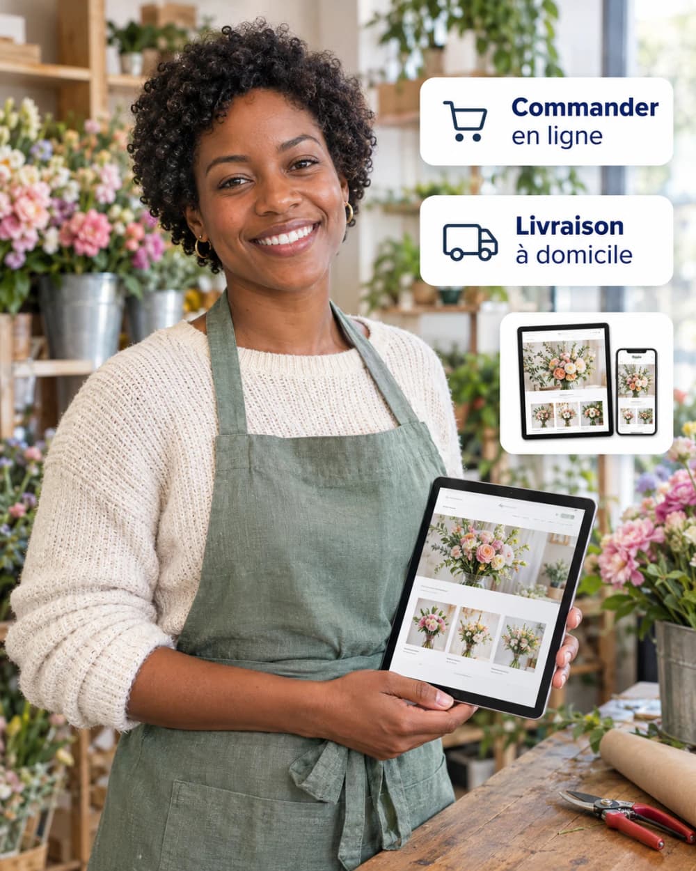 Une fleuriste souriante dans sa boutique, une tablette en main affichant le site de sa boutique de fleurs, avec des cartes : commander en ligne, livraison à domicile et un aperçu de site web