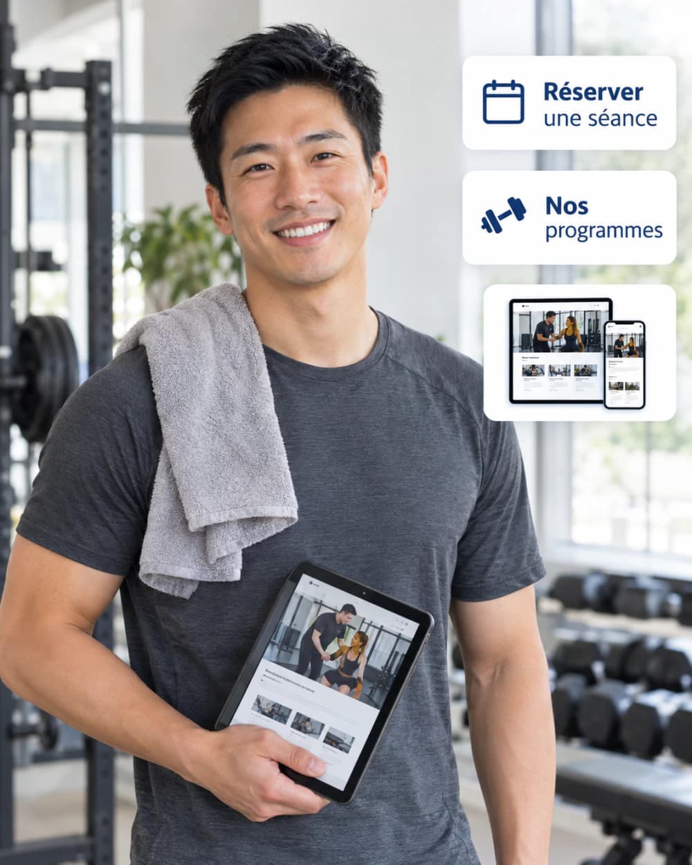 Un coach sportif souriant dans une salle de sport, une tablette en main affichant le site de ses coachings, avec des cartes : réserver une séance, nos programmes et un aperçu de site web