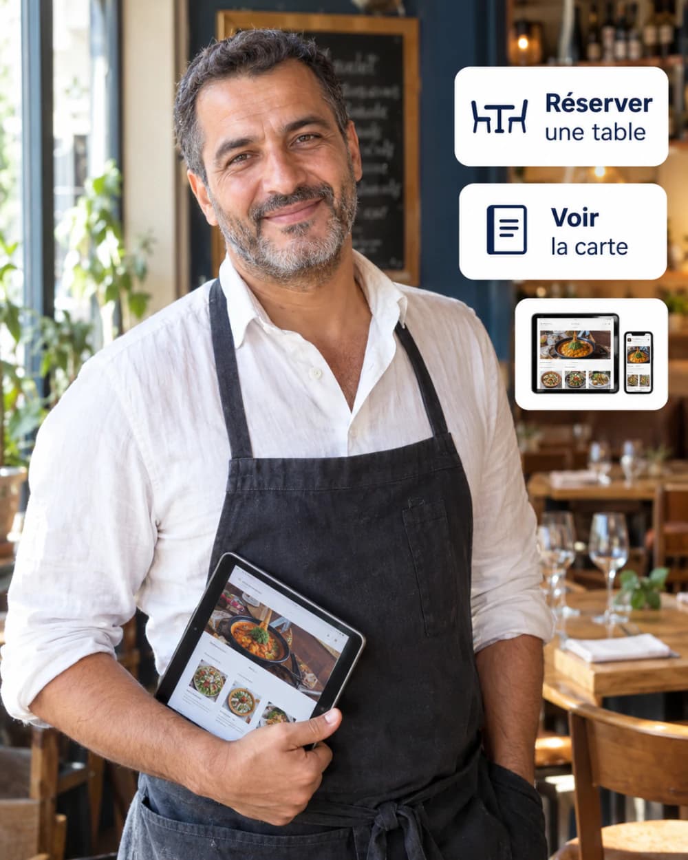 Un restaurateur souriant dans son bistro, une tablette en main affichant le site de son restaurant, avec des cartes : réserver une table, voir la carte et un aperçu de site web